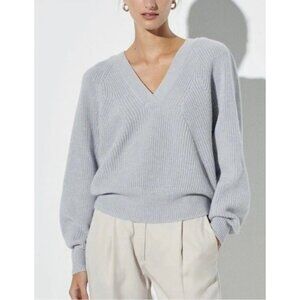 The Reset Wool V-Neck Sweater Women Medium Gray Ballon Long Sleeves Quiet Luxury